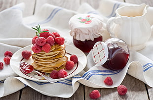brown pancakes with strawberry on top HD wallpaper