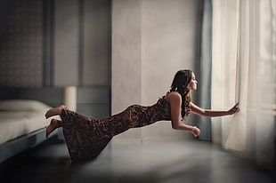 woman floating beside bed photo manipulation HD wallpaper