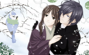 anime coupe watching the bird on the tree branch HD wallpaper