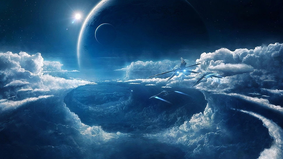 three gray spacecrafts digital wallpaper, clouds, science fiction HD wallpaper