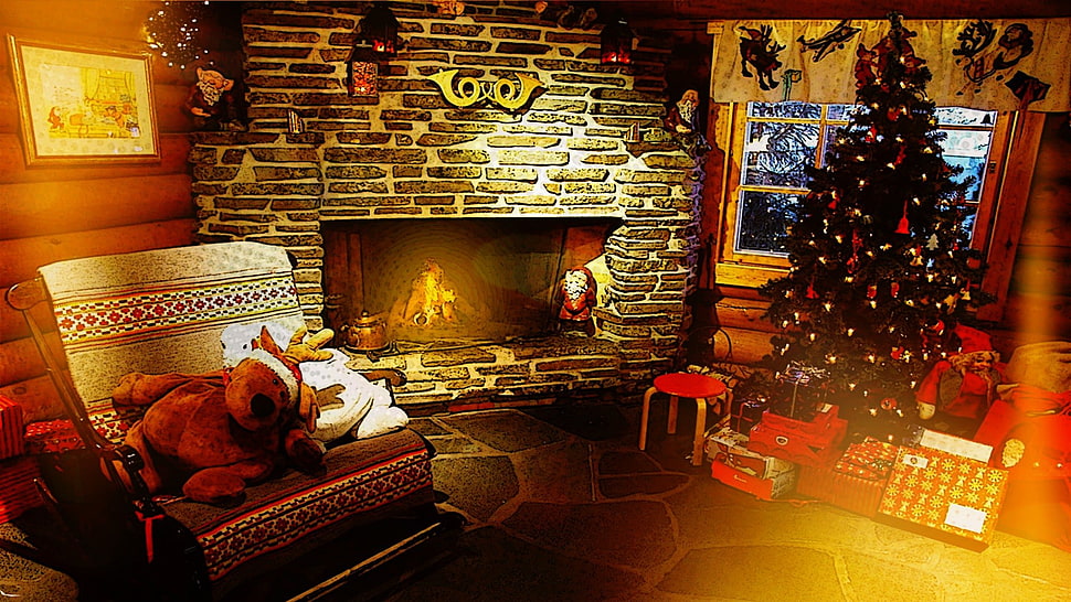 red and black wooden table, lights, fireplace, Christmas HD wallpaper