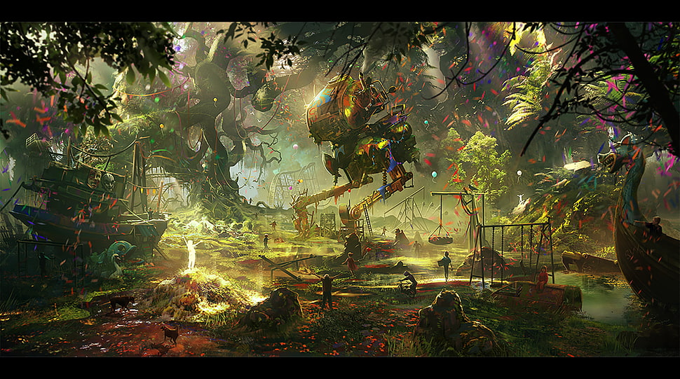 garden painting, artwork, fantasy art, playground, jungle HD wallpaper