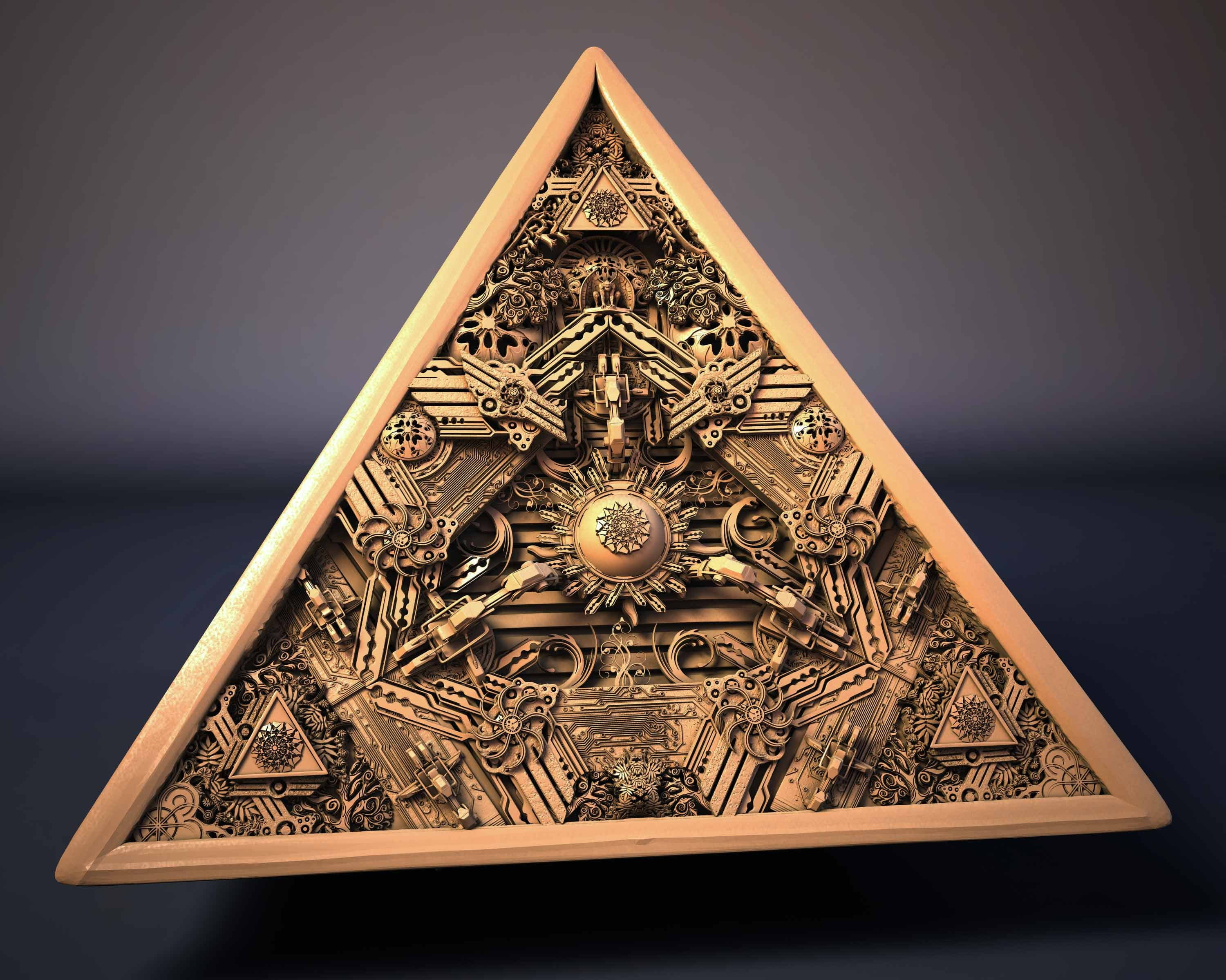 triangular gold-colored emblem, digital art, triangle