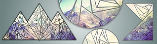 four purple-and-gray wall decors, multiple display, mountains, shapes, triangle