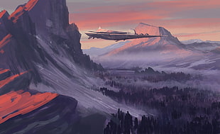 gray plane over the mountain painting, spaceship, landscape, sunset, nature