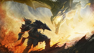 dragon and warrior illustration, The Elder Scrolls V: Skyrim, video games