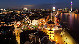 high-rise buildings, cityscape, night, Dusseldorf, German Empire HD wallpaper