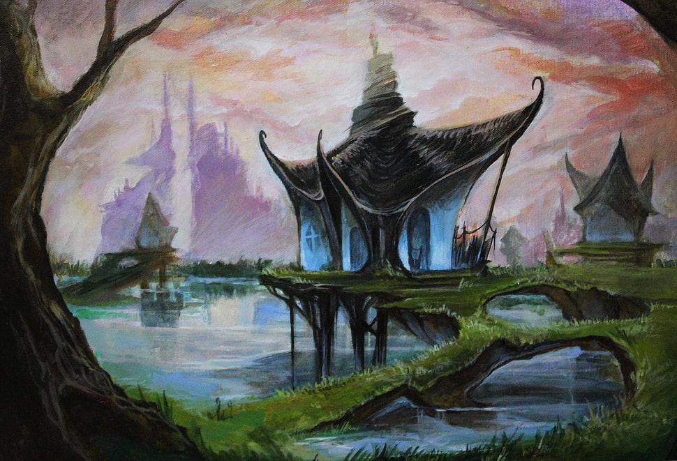 house near body of water painting, fantasy art HD wallpaper