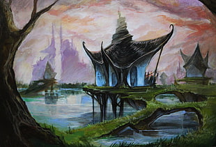 house near body of water painting, fantasy art