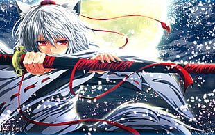 white-haired female anime character with ears carrying a black handled sheathed katana illustration