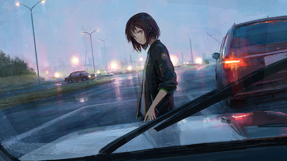 black haired female anime character illustration, car, rain, street HD wallpaper