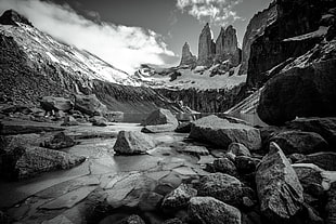 gray scale photography of gray stone fragments on mountains, las torres HD wallpaper