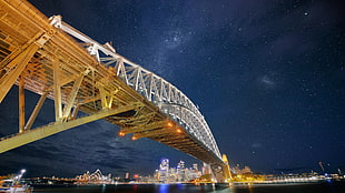 brown and white concrete arc bridge, bridge, night, city, Sydney