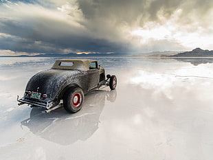 vintage black car, landscape, car, reflection, mountains