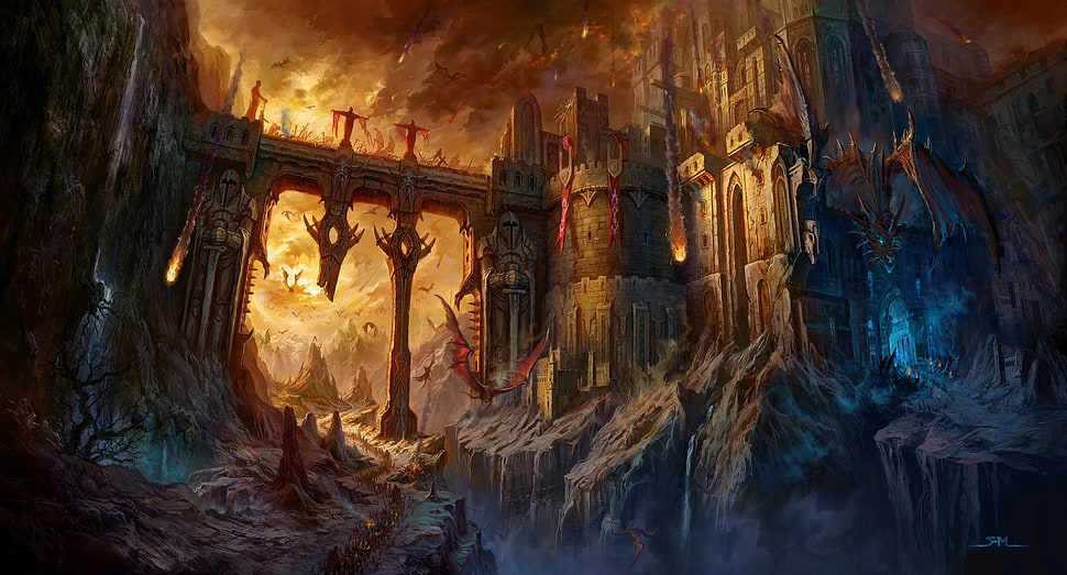 brown castle game poster, dragon, fantasy art, city, fire HD wallpaper