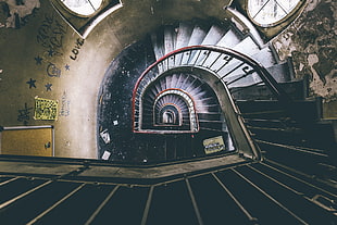 brown and black wooden spiral staircase, stairs, pattern, abandoned