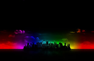 cityscape building illustration, cityscape, black, colorful, digital art HD wallpaper
