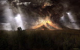 illustration of volcanic eruption, digital art, nature, artwork, trees