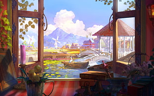 mountain view from window painting, Aion, window, gazebo, flowerpot HD wallpaper