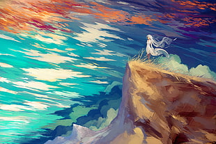 painting of female anime character, cliff, blue, artwork, sky