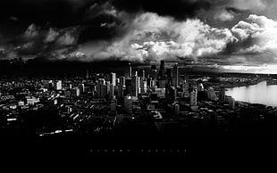 grayscale photo of city buildings, cityscape, Seattle