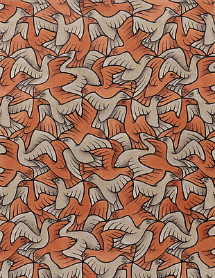 orange and brown bird painting, drawing, artwork, M. C. Escher, optical illusion