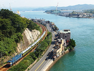 gray and blue train, Japan, cityscape