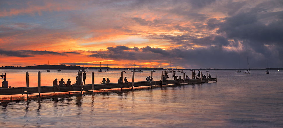silhouette of people on dock during dawn, lake mendota HD wallpaper