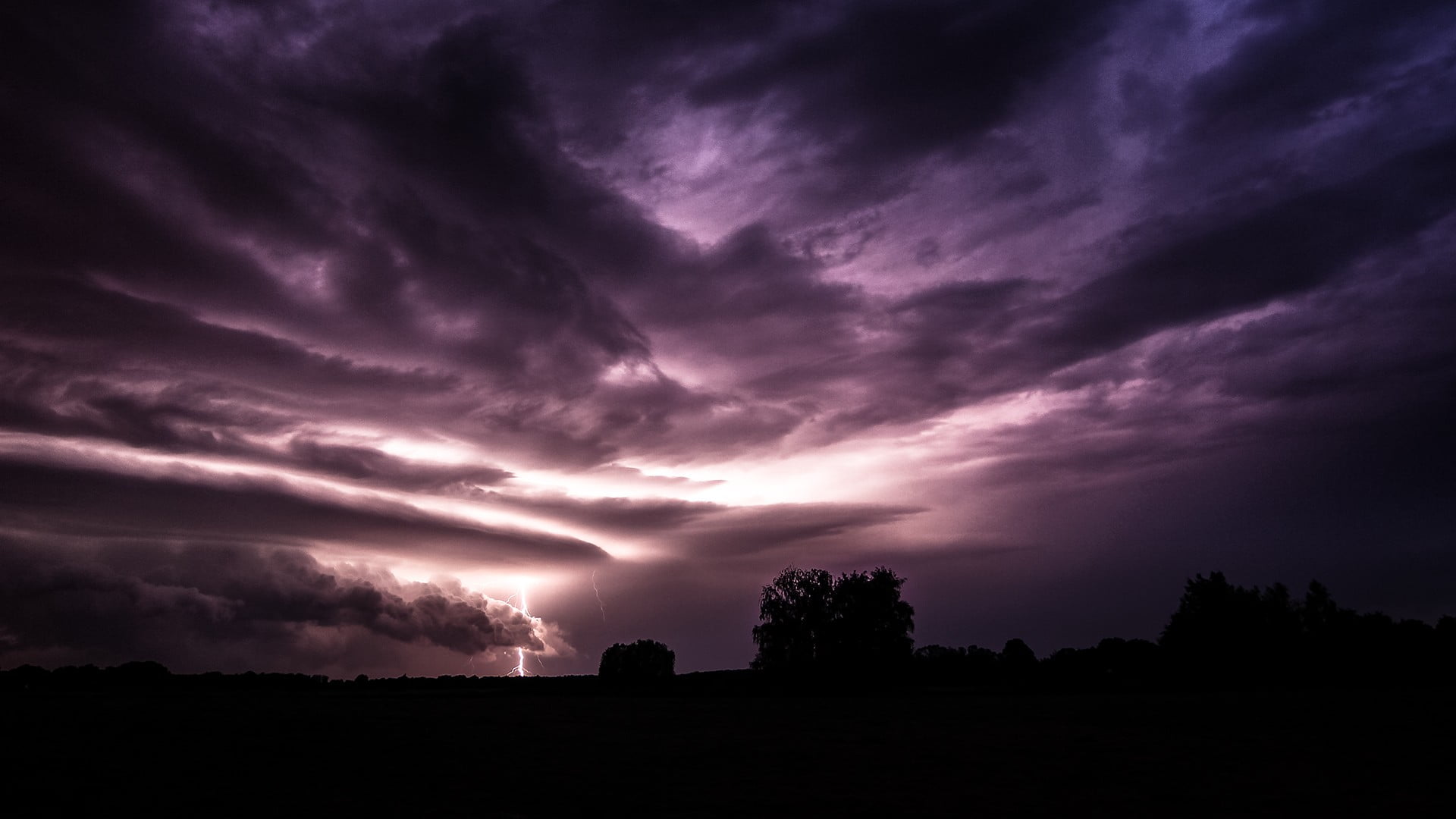 grey lightning, clouds, dark, trees, lightning