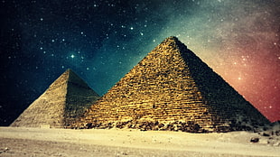 gray pyramid, pyramid, stars, desert, fantasy art HD wallpaper