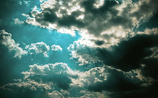 cumulus clouds, sky, nature, sun rays, clouds