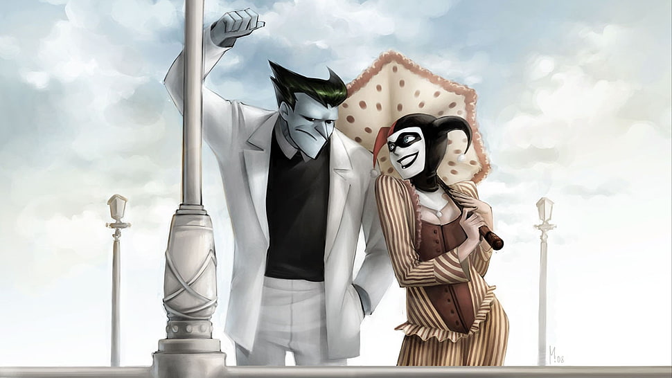 The Joker and Harley Quinn standing near white post drawing HD wallpaper