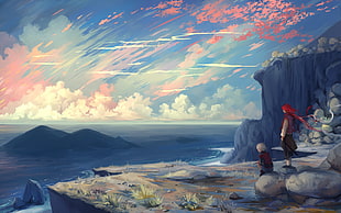 anime wallpaper, cliff, clouds, original characters HD wallpaper