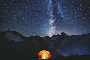orange dome tent, stars, night sky, tent