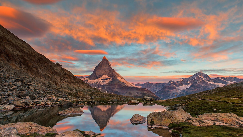 mountain range with body of water under cloudy skies, landscape, Matterhorn, Alps, sky HD wallpaper