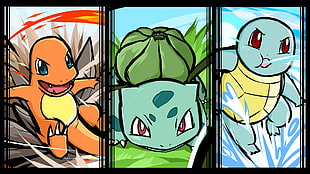 three Pokemon character illustrations, Pokémon, Bulbasaur, Squirtle, Charmander