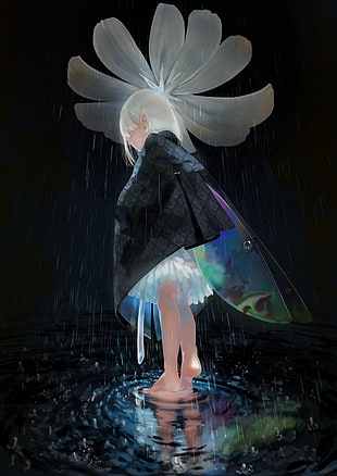 fairy illustration, dress, feet, wet clothing, pointed ears
