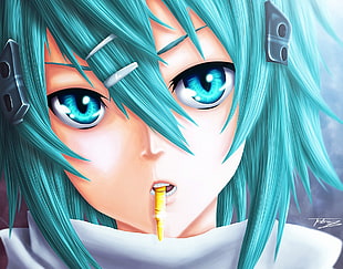 green haired female anime character biting yellow ornament