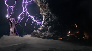 dark clouds and purple lightning storm illustration HD wallpaper