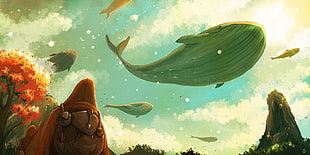 person looking up on whales painting, fantasy art, whale, Dreamworld, soft shading