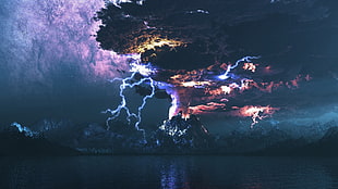 volcano eruption with lightning digital wallpaper