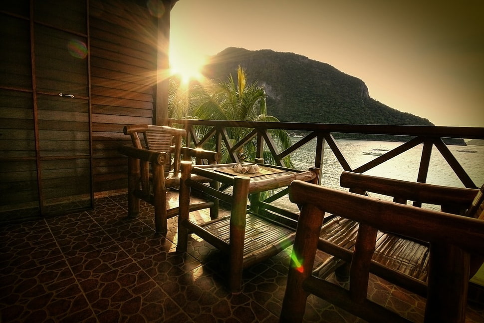 rectangular brown wooden table with four chairs dining set, beach, Philippines HD wallpaper