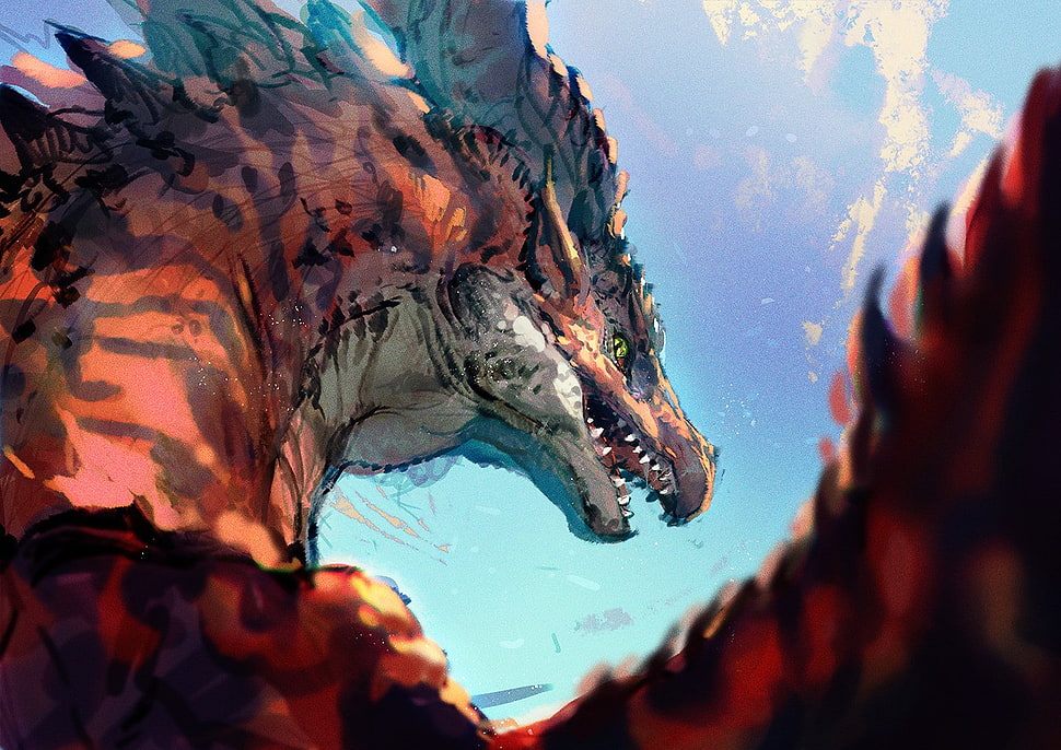 dinosaur illustration, dragon, fantasy art HD wallpaper