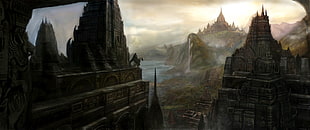 brown castle illustration, multiple display, fantasy art, landscape, city