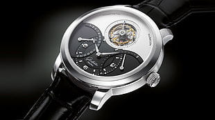 round silver skeleton watch with black leather strap HD wallpaper