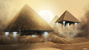 two gray floating pyramids wallpaper