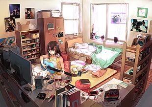 girl wearing yellow sleeveless shirt playing guitar infront of computer inside bedroom illustration