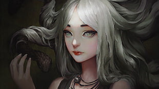 white haired female portrait, Medusa, snake, white eye, white hair