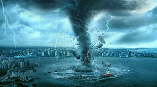 hurricane in the body of water digital wallpaper, tornado, digital art, cityscape, sea HD wallpaper