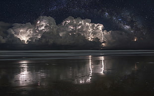 thunderstorm photo, lightning, beach, 500px, storm HD wallpaper
